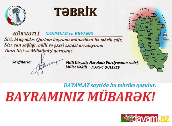 MDHP sədri Qurban bayramı münasibətilə Azərbaycan xalqını təbrik edir.