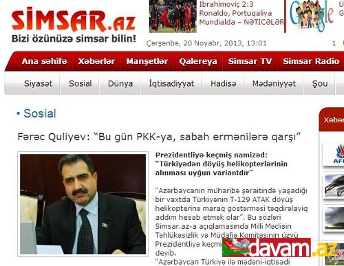 Fərəc Quliyev: “Bu gün PKK-ya, sabah ermənilərə qarşı”