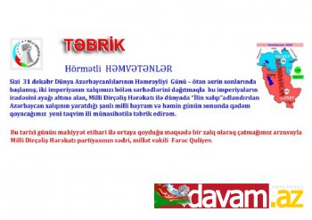 MDHP sədri, millət vəkili Fərəc QULİYEVİN Azərbaycan xalqına TƏBRİKİ.